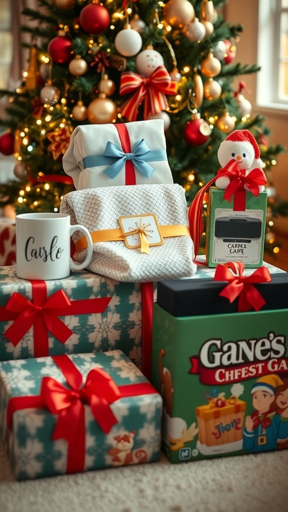 A collection of Christmas gifts including a mug, blanket, gift basket, speaker, and board game under a Christmas tree.